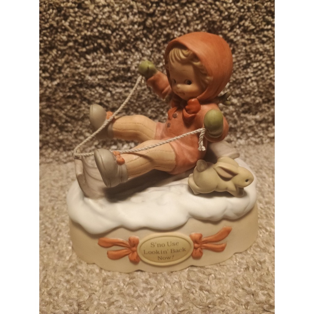 Enesco Sledding Girl Music Box 1991 S'no Use Lookin' Back Now! Winter Wonderland
